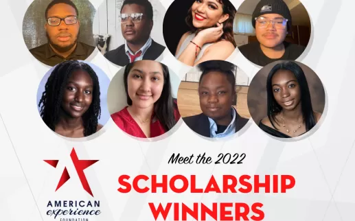 Ocho rostros sonrientes de estudiantes negros, latinos y asiáticos con el texto "Conozca a los ganadores de las becas 2022"