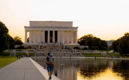 Family walking at Lincoln Memorial 