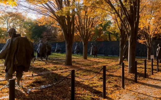 The Korean War Veterans Memorial in evening light with autumn trees and leaves on the ground. 