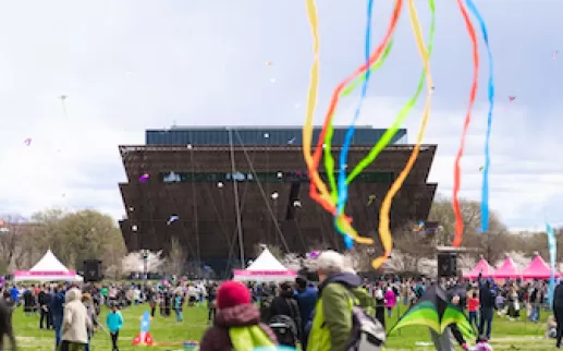 Una scena colorata del Blossom Kite Festival con aquiloni che volano nel cielo di fronte al National Museum of African American History and Culture.