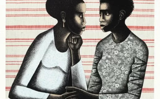 Illustration de deux personnes assises côte à côte, se regardant dans les yeux sur un fond rayé.