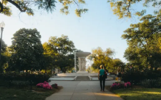 A scenic view of Dupont Circle featuring the central fountain, blooming flowers, and people strolling along the sunlit pathways.
