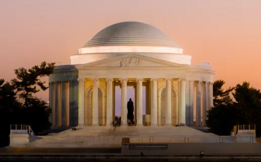A view of the Jefferson Memorial at sunset. 