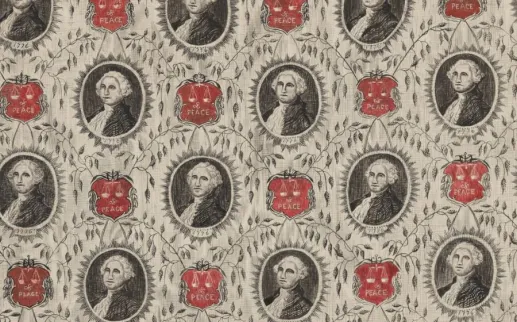 Decorative textile pattern featuring repeated portraits of George Washington surrounded by floral motifs and red emblems labeled “Peace” and dated 1776.