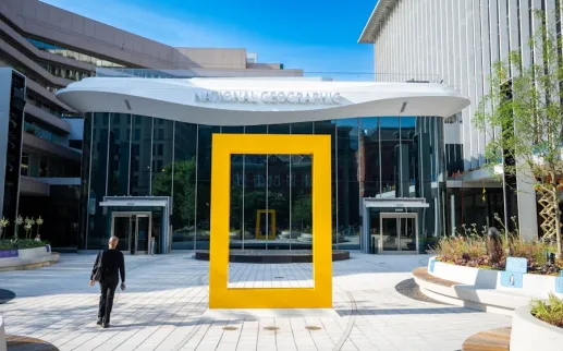 Modern courtyard with a large yellow rectangular frame sculpture