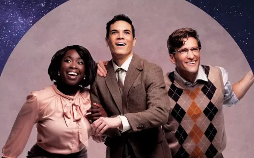 Three smiling people in retro outfits against a starry purple background