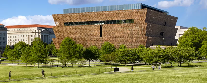 National Museum of African American History and Culture on the National Mall with Washington Monument