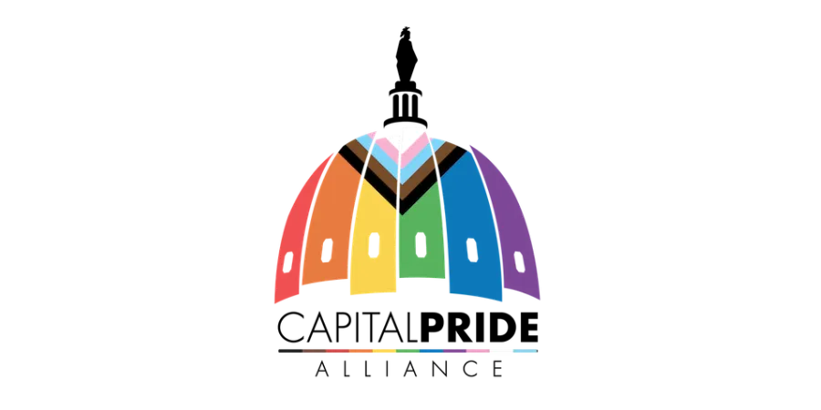 Capital Pride Alliance logo: a colorful representation of US Capitol, using LGBTQIA+ flags. 