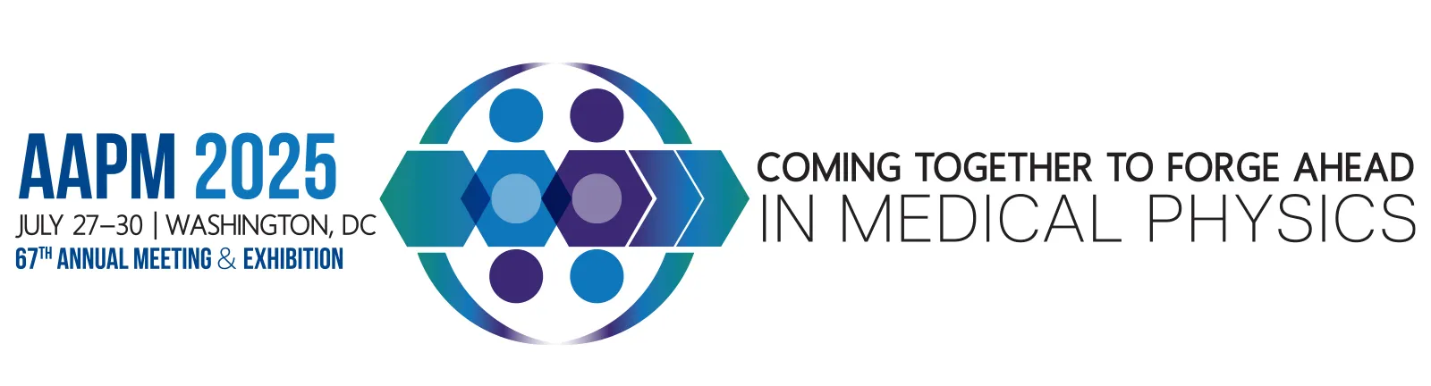 Logo for the 2025 AAPM (American Association of Physicists in Medicine) Annual Meeting & Exhibition in Washington, DC, with the theme "Coming Together to Forge Ahead in Medical Physics," scheduled for July 27-30. The design incorporates geometric shapes and the event’s branding colors.