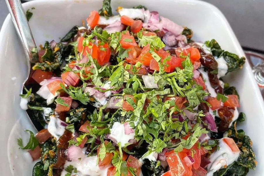 Close-up of Palak Chaat at Rasika with Crispy baby spinach, yogurt, tamarind and garnishes