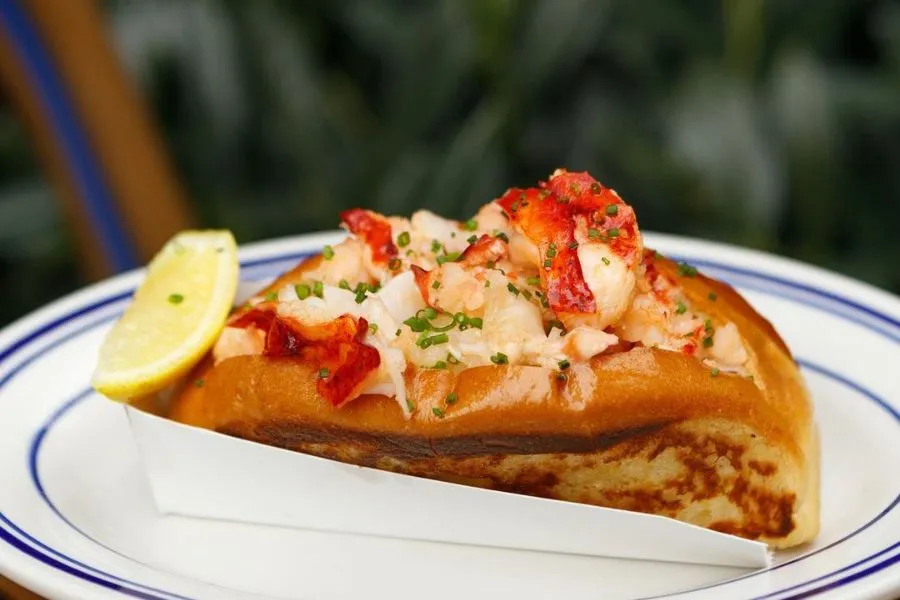 A buttery lobster roll topped with fresh herbs and served with a lemon wedge on a white plate.
