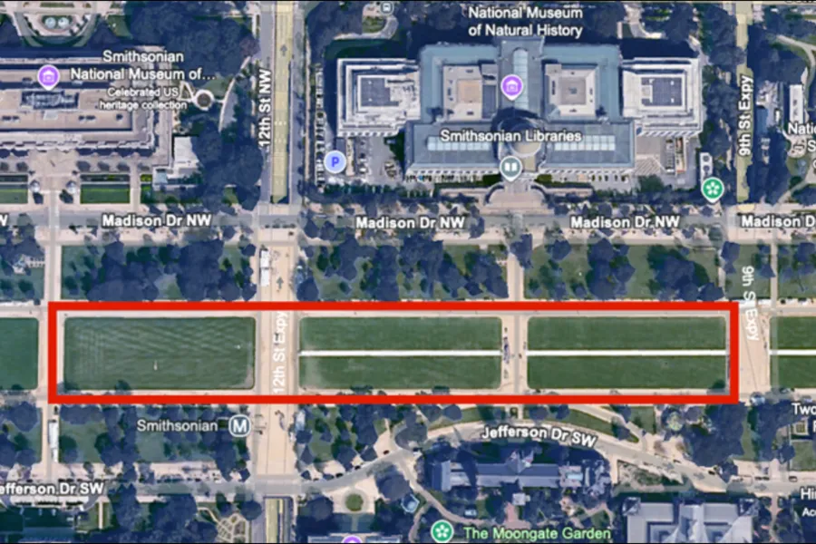 A satellite map view of the National Mall in Washington, DC, with a section near the Smithsonian marked in red for an event location.