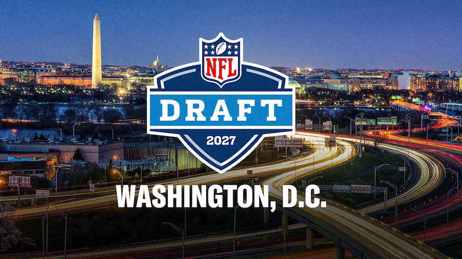 A nighttime view of Washington, DC with the Washington Monument in the background, overlaid with the NFL Draft 2027 logo and the text “Washington, DC” in bold white letters.