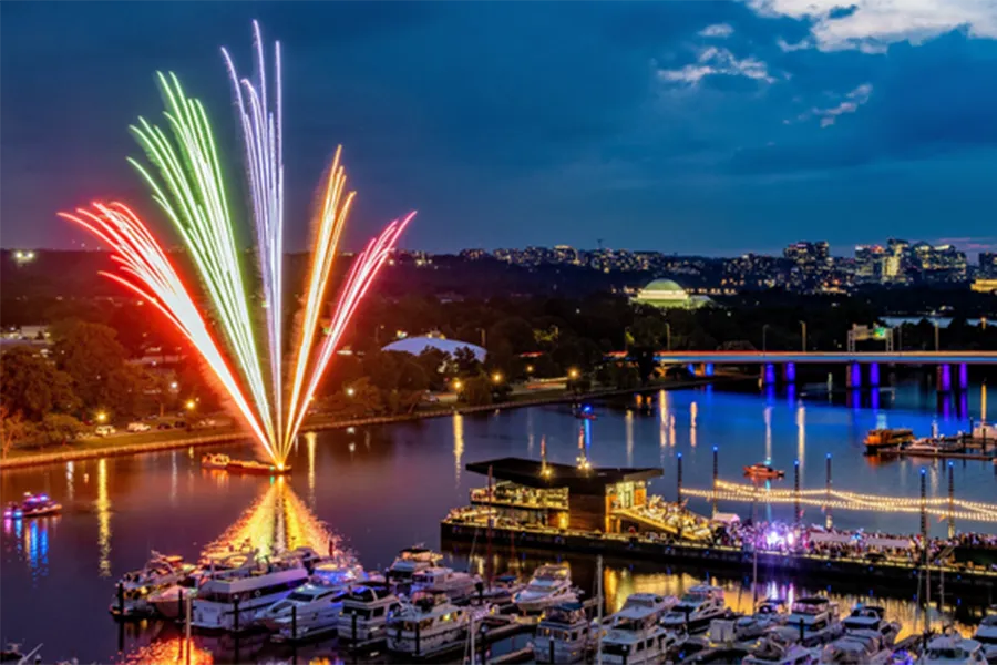 Southwest DC Pier with rainbow fireworks