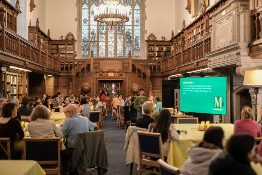 Folger Shakespeare Library with groups of people in for a lecture or trivia 