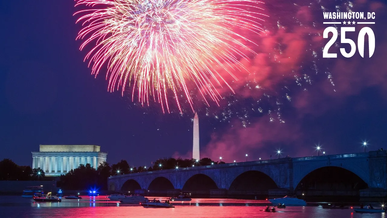 Fireworks burst over the Washington Monument with the Lincoln Memorial and Arlington Memorial Bridge visible at dusk in Washington, DC.