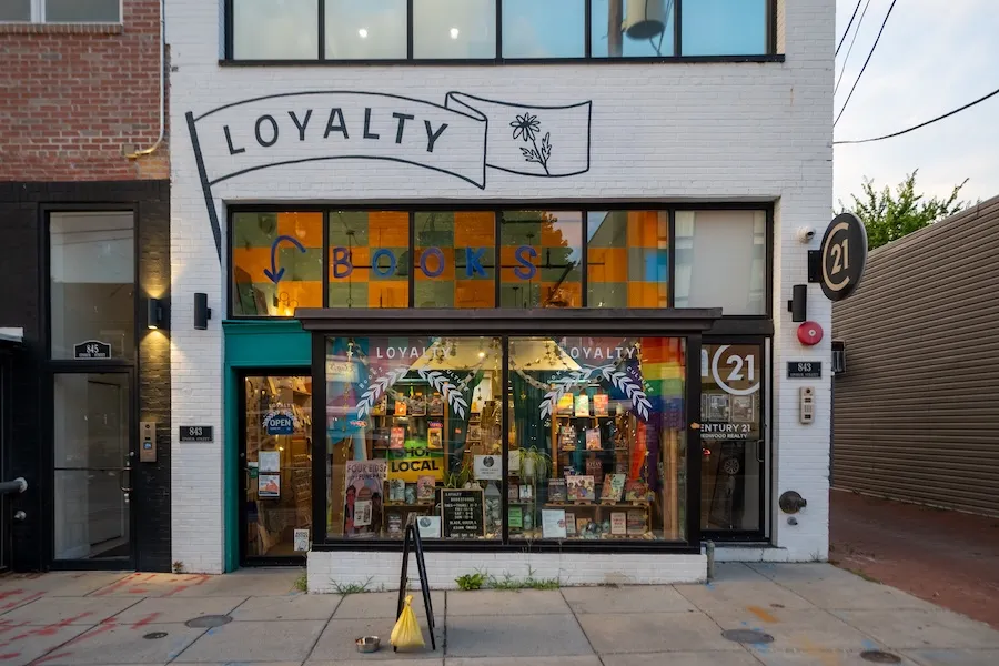 Exterior of Loyalty Bookstore, an independent neighborhood bookshop with a colorful storefront in Washington, DC.
