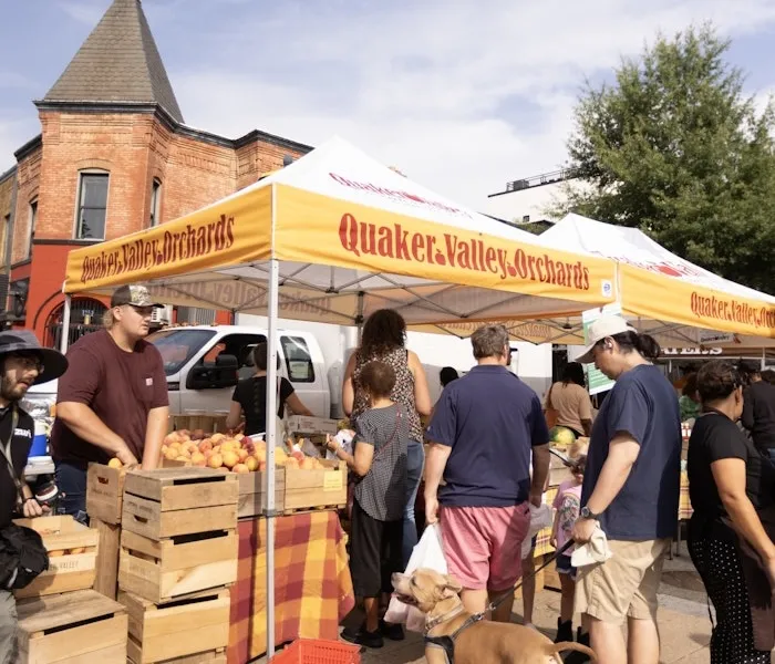 Shoppers browse fruit at a farmers market stand under a Quaker Valley Orchards tent.