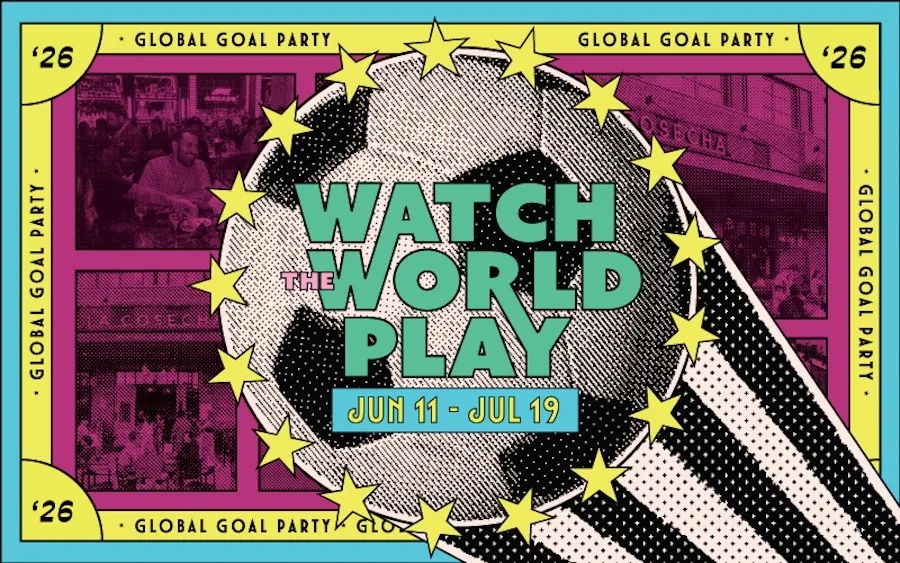 Neon graphic with globe, stars and text “Watch World Play June 11 – July 19”