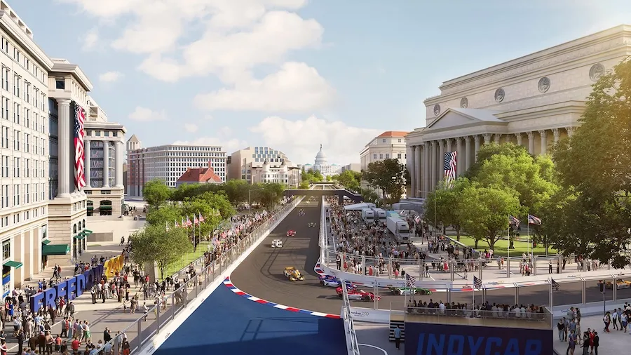 Mockup of IndyCar race at Washington, DC street circuit with crowded grandstands and city buildings
