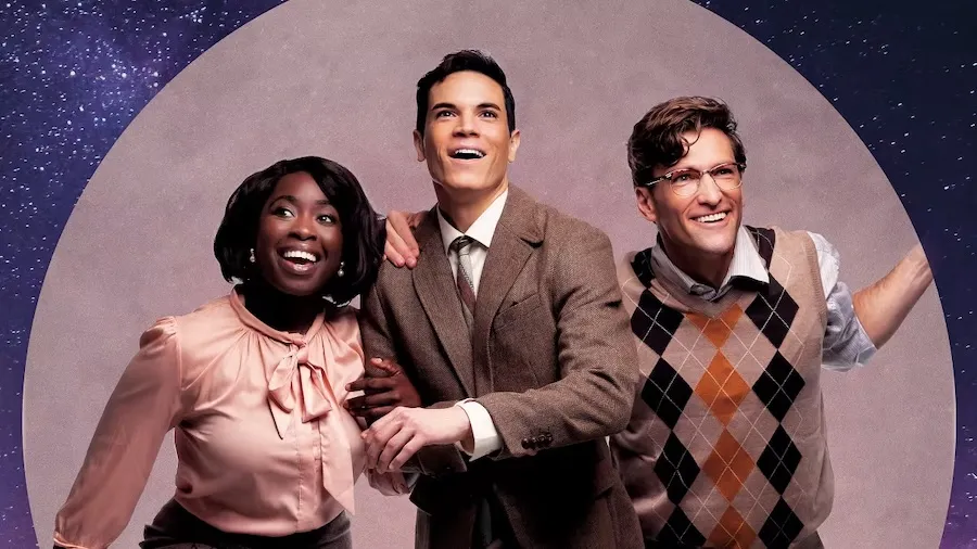 Three smiling people in retro outfits against a starry purple background