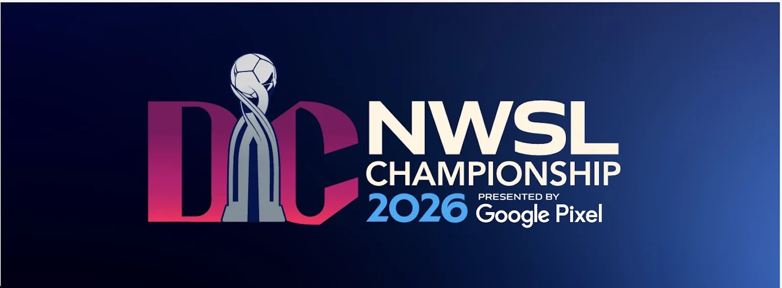 Logo for NWSL Championship 2026 in Washington, DC, with stylized DC and trophy icon