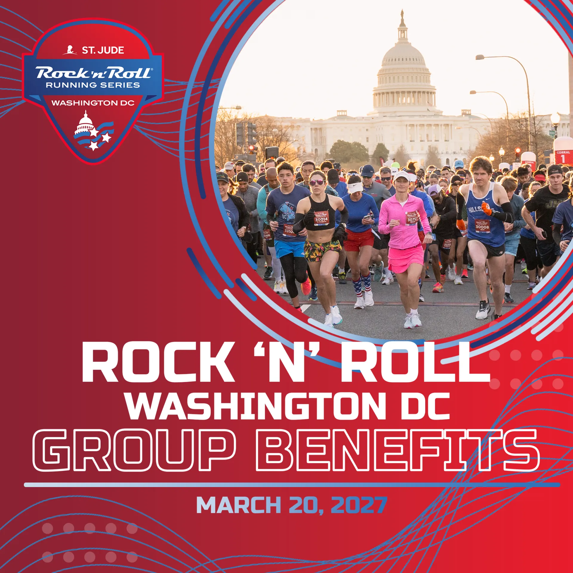 Gráfico com a seguinte mensagem: 'Benefícios para grupos do Rock 'N' Roll Washington DC - 20 de março de 2027'