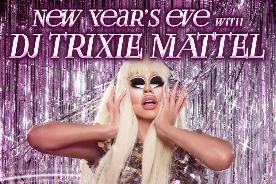 Poster with Trixie Mattel posing before shimmering purple tinsel backdrop