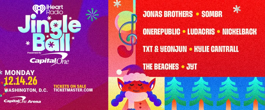 Infographic for Jingle Ball concert, purple and red panels with winter trees and stars