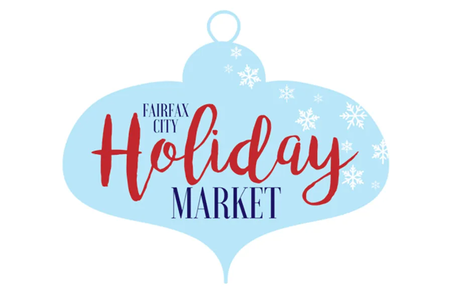 Blue ornament logo with snowflakes and red script lettering that says, 'Fairfax City Holiday Market'