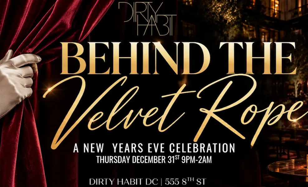 Graphic with gold script on dark background, that says, 'Behind the Velvet Rope, a New Years Eve Celebration'