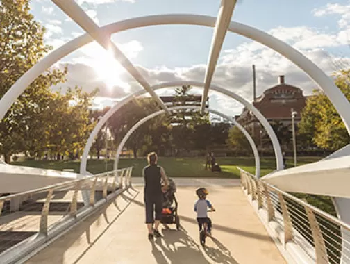 Family on Capitol Riverfront bridge