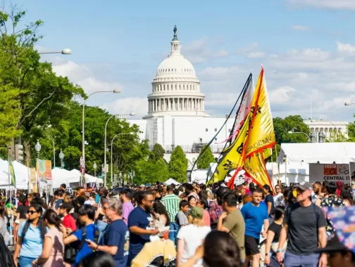 Crowds gather for a festival on Pennsylvania Avenue in DC.