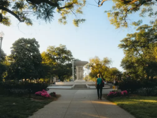 Een schilderachtig uitzicht op Dupont Circle met de centrale fontein, bloeiende bloemen en mensen die over de zonnige paden slenteren.