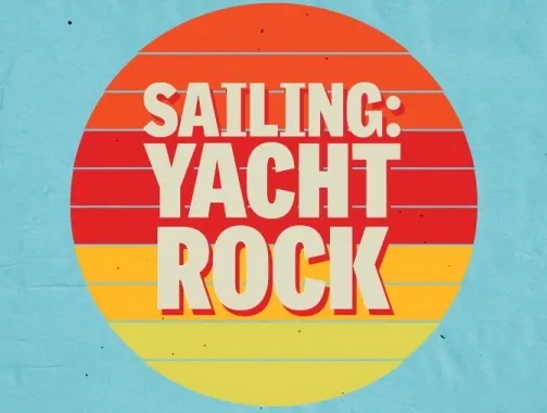 Retro-inspired circular graphic with sunset stripes and bold text that reads “Sailing: Yacht Rock” on a light blue background.