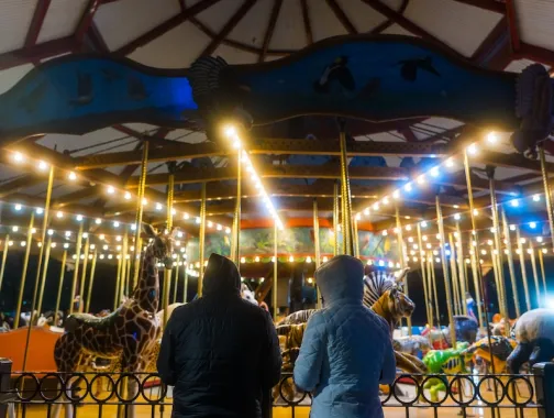 Two people in winter coats watch an illuminated carousel with animal figures during ZooLights at night.