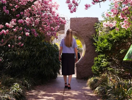 A woman walks through blooming pink magnolia trees toward a carved stone moon gate in the Enid A. Haupt Garden.