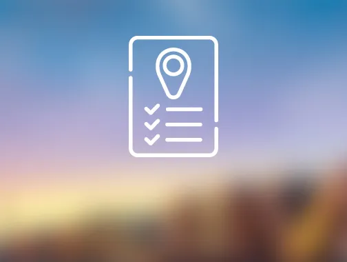 A checklist with a location pin icon represents group tour itineraries.