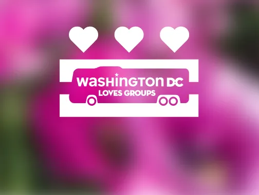 A graphic of a tour bus with hearts reads Washington DC Loves Groups.