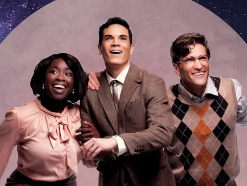Three smiling people in retro outfits against a starry purple background
