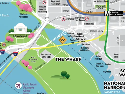 Map of Southwest Washington, DC showing the Wharf and nearby Metro stations