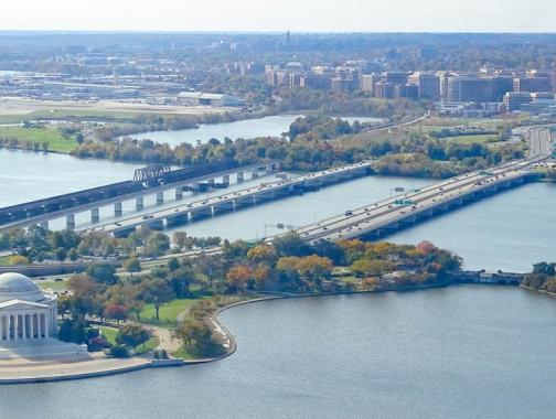 Washington, DC-area waterfront destinations - Aerial view of Potomac River and Jefferson Memorial