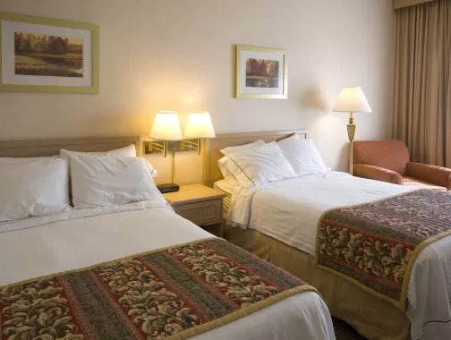 duas camas de solteiro em um quarto de hotel