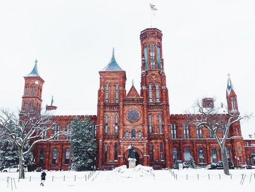 @kerryawheeler - Snow winter scene at the Smithsonian Castle on the National Mall in Washington, DC