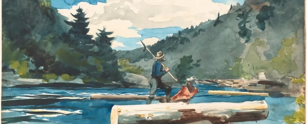 Uma pintura em aquarela mostra dois homens descendo um rio pitoresco com colinas arborizadas em troncos.
