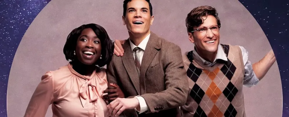 Three smiling people in retro outfits against a starry purple background