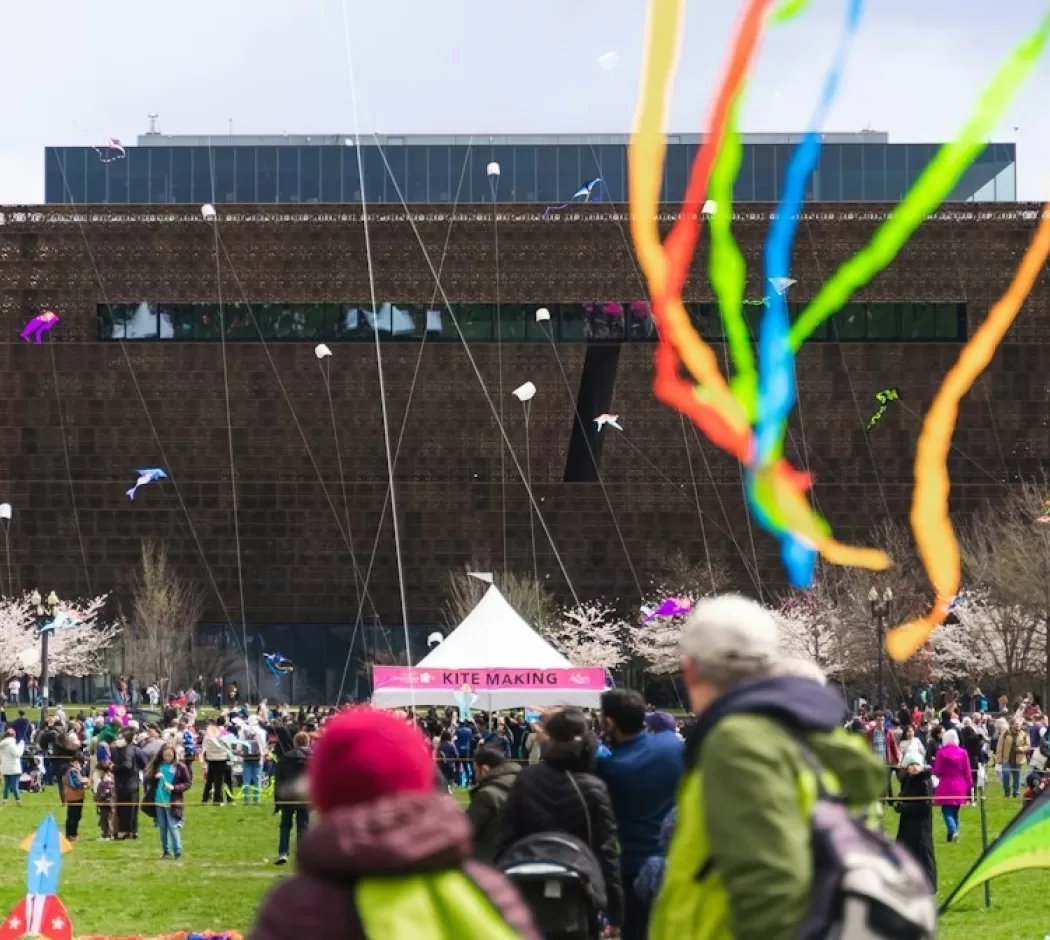 Barwna scena z Festiwalu Kwitnących Latawców, na której przed Narodowym Muzeum Historii i Kultury Afroamerykanów unoszą się latawce.