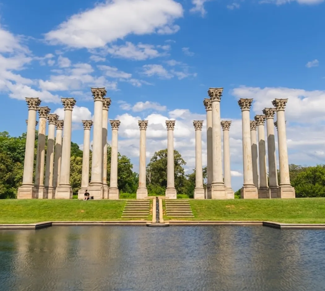 The National Capitol Columns stand tall on a grassy hill reflected in a pond at the U.S. National Arboretum under a bright blue sky.